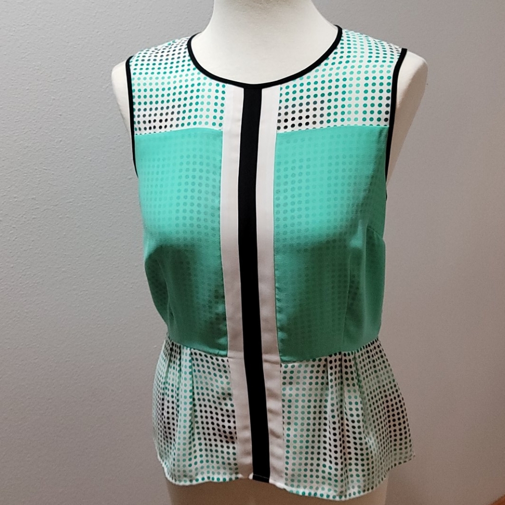 HALOGEN SMALL SLEEVELESS TOP POLK DOT MIX PRINT ZIP UP BACK MINIMALIST BLOUSE